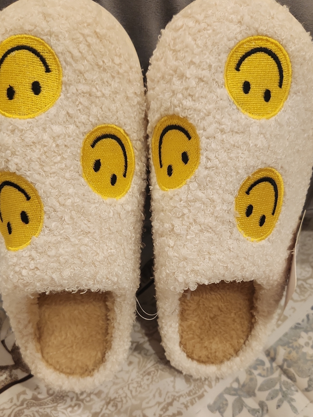 Womens Cream Smiley Slippers - Cozy Fuzzy Slip-Ons